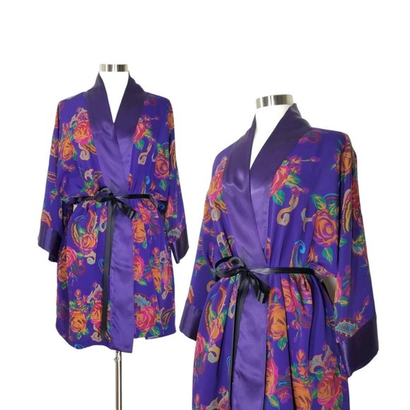 Victorias secret gold label silky purple polyester floral robe one size fit all - Picture 1 of 6